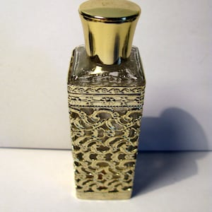 Vintage Filigree Perfume Bottle: Gold Metal Hollywood Regency Vanity Decor