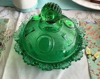 Indiana Glass Candy Dish with Lid Dewey Pattern Green Butter Dish Dome Lid Flower Flange Greentown Admiral Covered Bowl Tumbler & Goblet Co