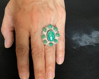 Vintage Turquoise Ring Native American Indian Jewelry Green Cluster Ring Split Back Band