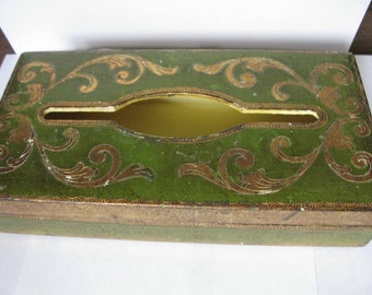Vintage Italian Gold Florentine Tissue Box Cover in Green Made in Italy ALSO Books Box Rare