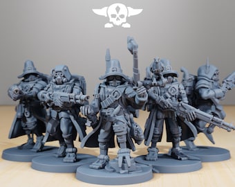 Scavenger bounty hunters, mechanized infantry, post apocalyptic empire, usable for tabletop wargame.