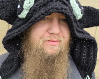 Crochet Dragon Hood, black dragon hat