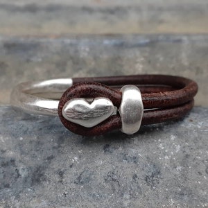 Leather Heart Cuff ... Heart Stacking Bracelet ... Valentine Bracelet ... Rustic Silver Leather Cuff image 1