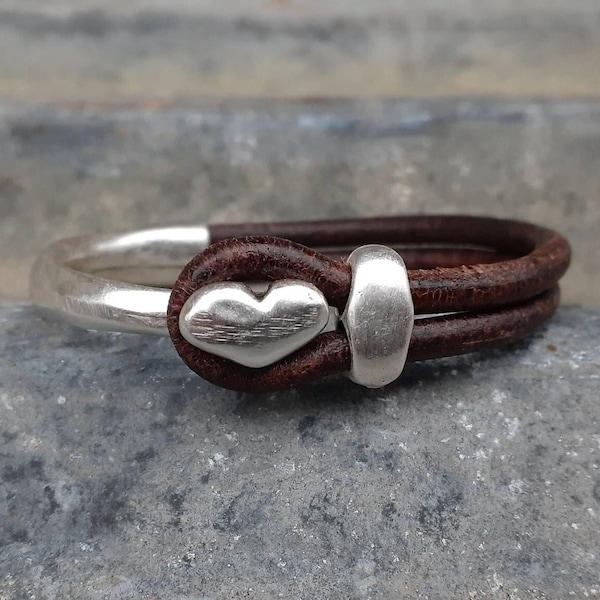 Leather Heart Cuff ... Heart Stacking Bracelet ...  Valentine Bracelet ... Rustic Silver Leather Cuff