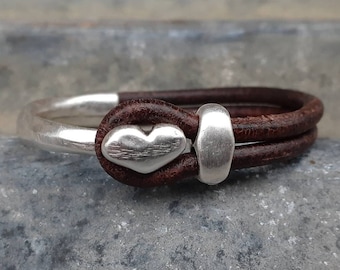 Leather Heart Cuff ... Heart Stacking Bracelet ...  Valentine Bracelet ... Rustic Silver Leather Cuff