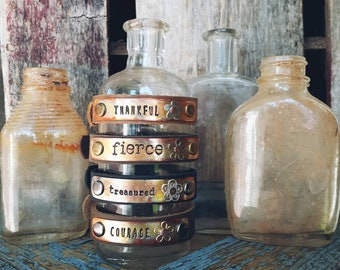 Customizable COPPER Hand Stamped Metal Bracelet on Leather Band with Buckle...Choose Your Word...Skinny Leather Cuff...Rustic Bracelet