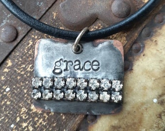 Personalized - Soldered Stamped Rustic Rhinestone and Copper Pendant on Sturdy Leather Choker with Sterling Clasp -- grace -- your word