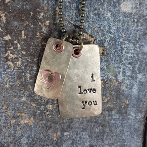 Custom Hand Stamped Necklace...Rustic Brass Dog Tag and Small Brass Tag with Small Copper Heart on Antiqued Brass Ball Chain...i love you