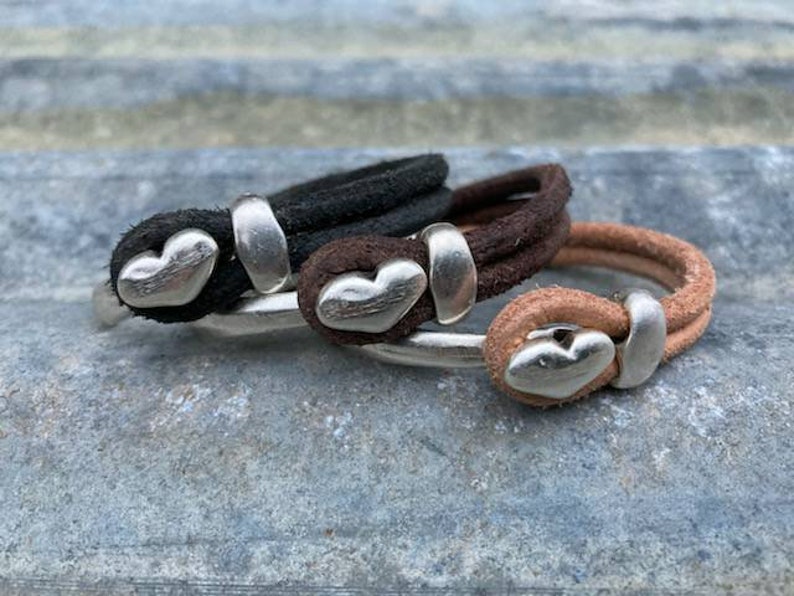 Leather Heart Cuff ... Heart Stacking Bracelet ... Valentine Bracelet ... Rustic Silver Leather Cuff image 7