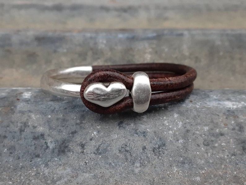 Leather Heart Cuff ... Heart Stacking Bracelet ... Valentine Bracelet ... Rustic Silver Leather Cuff image 1