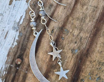 Moon & Stars Long Dangle Earrings ... Antique Silver ... Sterling Silver Earwires ... Love you to the Moon and Back ... Rustic ... Celestial