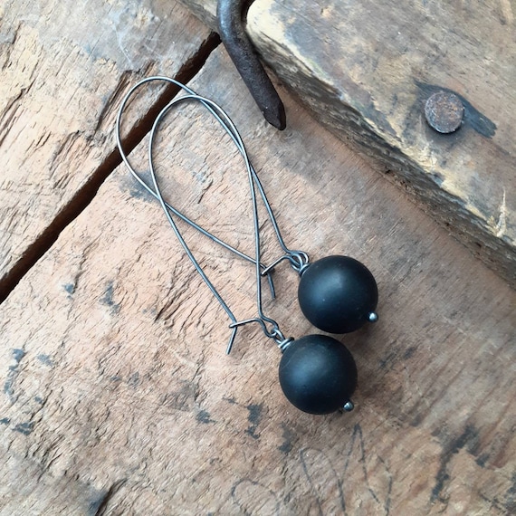Matte Black Onyx Gemstone Earrings on Long Kidney Wires - Minimalist