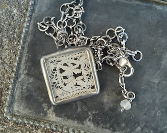 Vintage Lace Soldered Necklace ... Antique Silver Pendant...Soldered Glass Charm...Vintage Jewelry...Antique Lace...Lace Necklace