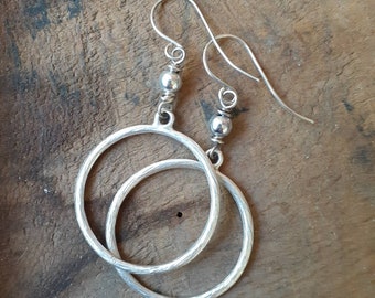 Antique Silver Circle Hoop Dangle Earrings ... Sterling Silver Earwires ... Minimalist ... Simple ... Rustic