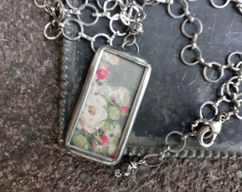 Vintage Flower Postcard Necklace ...Antique Silver Pendant...Soldered Glass Charm...Vintage Jewelry...Flower Jewelry...Pink Flower Necklace