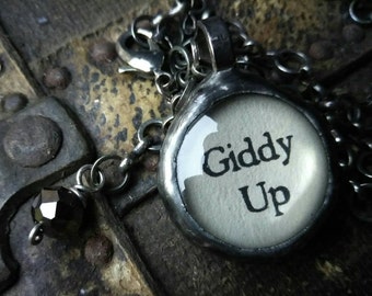 Giddy Up Soldered Pendant with Vintage Brown Heart, Cowgirl Jewelry, Glass Bubble Pendant, What's your Word, Charm Necklace