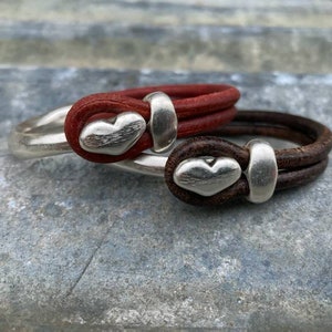 Leather Heart Cuff ... Heart Stacking Bracelet ... Valentine Bracelet ... Rustic Silver Leather Cuff image 3