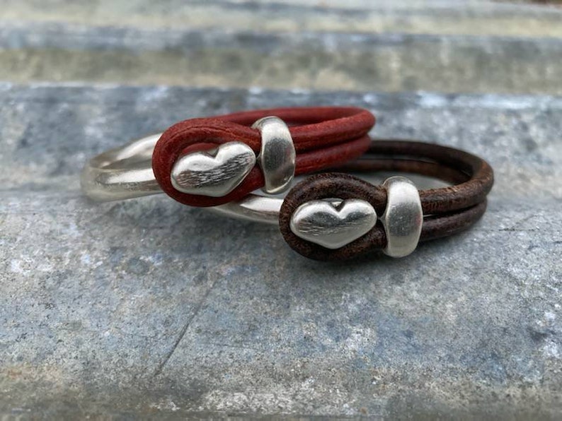 Leather Heart Cuff ... Heart Stacking Bracelet ... Valentine Bracelet ... Rustic Silver Leather Cuff image 3