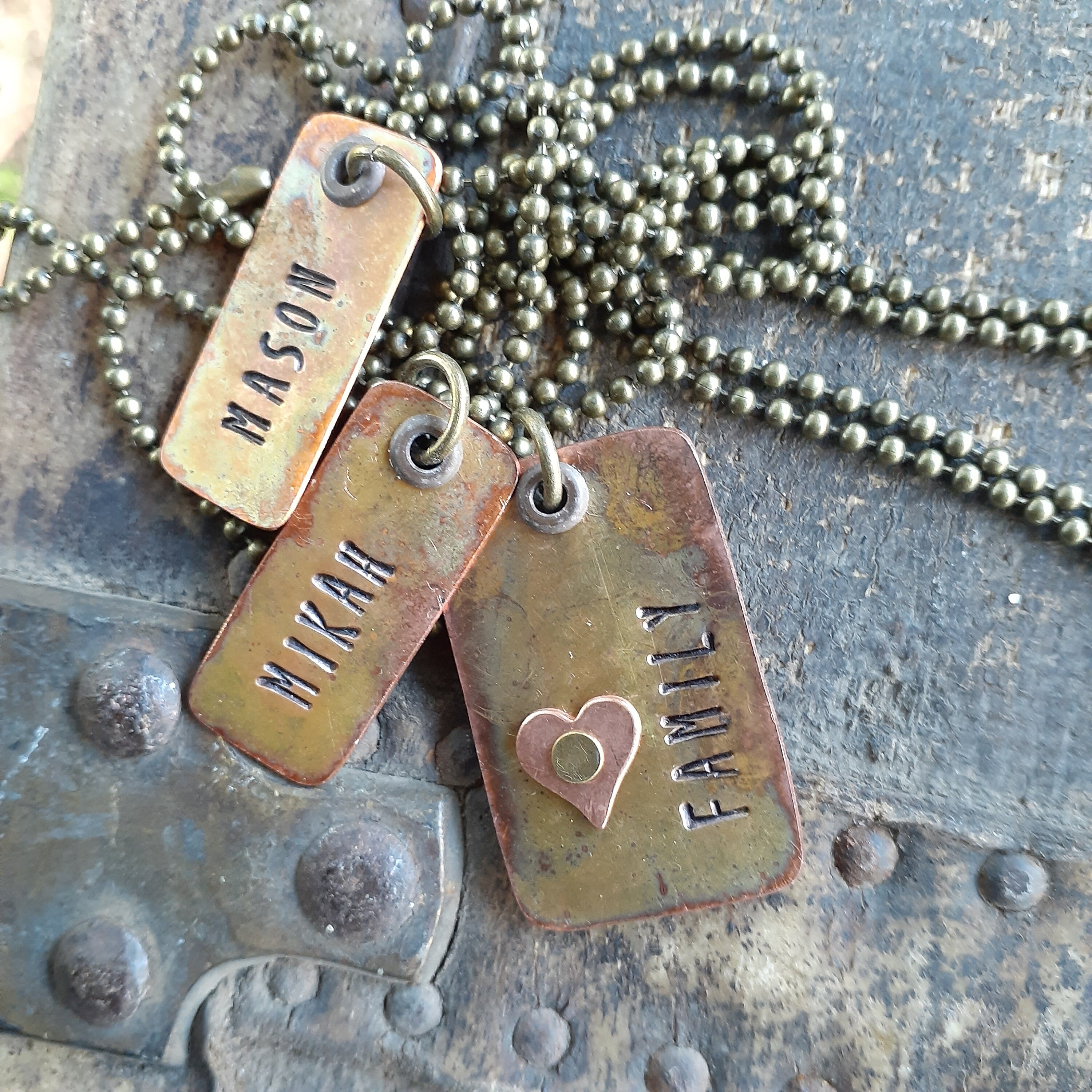 Mother Necklace With Kids Names rustic Copper Name Tags on