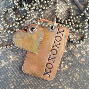 Custom Hand Stamped Necklace...Darkened Rustic Copper Dog Tag with Simple Darkened Brass Heart on Antiqued Brass Ball Chain