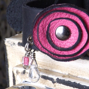 Hot Pink Leather Flower Bracelet with Black Cowhide Band and Darkened Silver Buckle