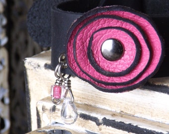 Hot Pink Leather Flower Bracelet with Black Cowhide Band and Darkened Silver Buckle