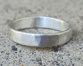 Wide RUSTIC 4mm Hammered Plain Sterling Silver Ring ... Wedding Band ... Sterling Stacking Ring ... Sterling Silver Jewelry