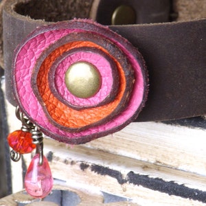 Hot Pink and Orange Leather Flower Bracelet with Dark Brown Cowhide Band and Brass Buckle