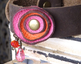 Hot Pink and Orange Leather Flower Bracelet with Dark Brown Cowhide Band and Brass Buckle