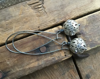 Antiqued Silver Filigree and Rhinestone Earrings on Long Kidney Wires