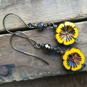 Sunshine Yellow Pansy Czech Glass Flower Earrings with Darkened Brass Wire and Brown Faceted Glass Rondelles