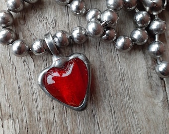 Red Heart Rustic Necklace    Glass Heart...Valentine Necklace...Unisex Jewelry...Stainless Steel Ball Chain...Leather Choker...Rocker Chain