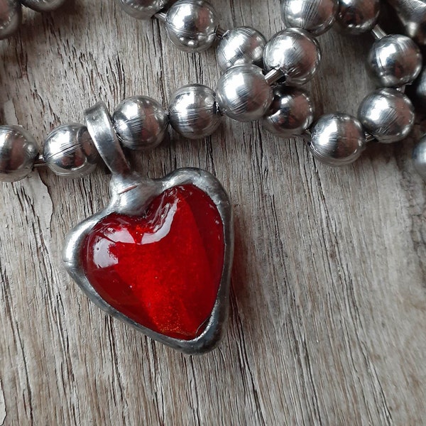 Red Heart Rustic Necklace    Glass Heart...Valentine Necklace...Unisex Jewelry...Stainless Steel Ball Chain...Leather Choker...Rocker Chain