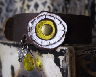 White and Yellow Daisy Leather Flower Bracelet with Dark Brown Cowhide Band and Brass Buckle