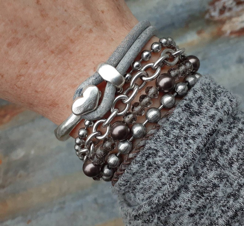 Leather Heart Cuff ... Heart Stacking Bracelet ... Valentine Bracelet ... Rustic Silver Leather Cuff image 10