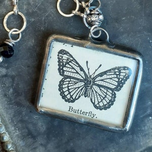 Vintage Butterfly Necklace ... 1935 Dictionary...Antique Silver Pendant...Soldered Glass Charm...Vintage Jewelry