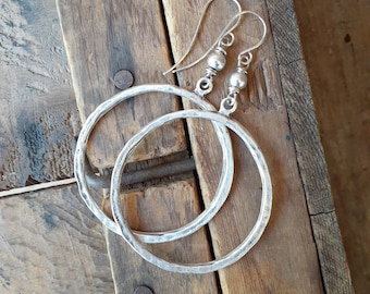 Large Hammered Antique Silver Circle Hoop Dangle Earrings ... Sterling Silver Earwires ... Minimalist ... Simple ... Rustic ... Silver Hoop