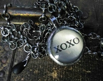 XOXO Soldered Pendant and Vintage Black Heart on Long Chain, Glass Bubble Pendant, Word Jewelry, Charm Necklace