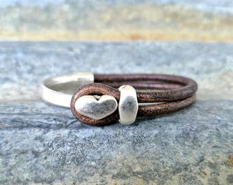 Leather Heart Cuff ... Heart Stacking Bracelet ...  Valentine Bracelet ... Rustic Silver Leather Cuff