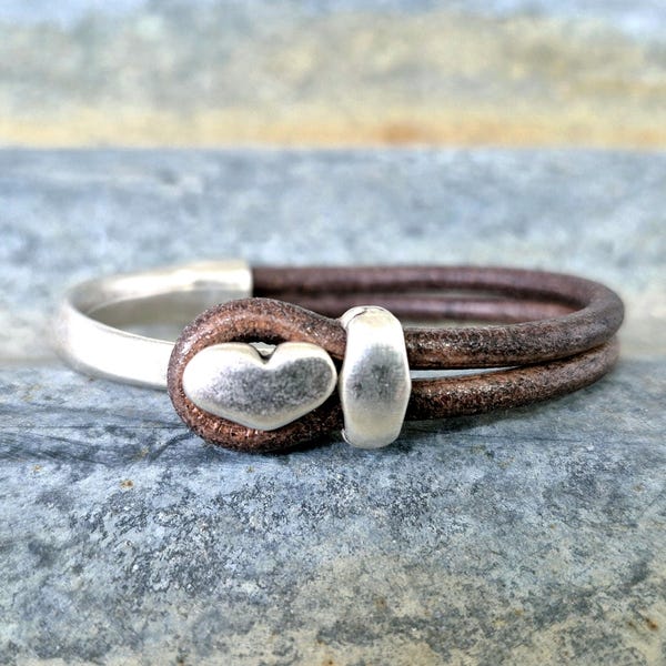 Leather Heart Cuff ... Heart Stacking Bracelet ...  Valentine Bracelet ... Rustic Silver Leather Cuff