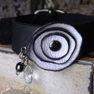 White Leather Flower Bracelet with Black Cowhide Band and Darkened Silver Buckle