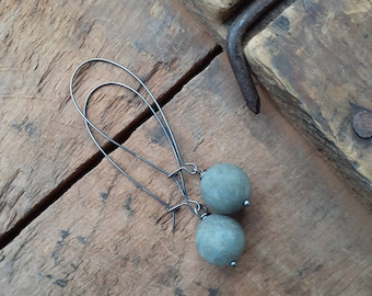 Green Grey Matte Labradorite Gemstone Earrings on Long Kidney Wires