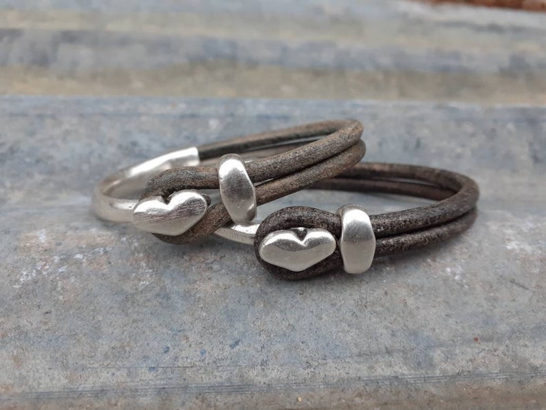 Leather Heart Cuff ... Heart Stacking Bracelet ... Valentine Bracelet ... Rustic Silver Leather Cuff image 6