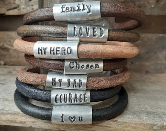 Men's Personalized Rustic Leather Bracelet, Women's Custom Cuff, Choose Your Word, 10th Anniversary, Father's Day, Gifts for Him, Stamped