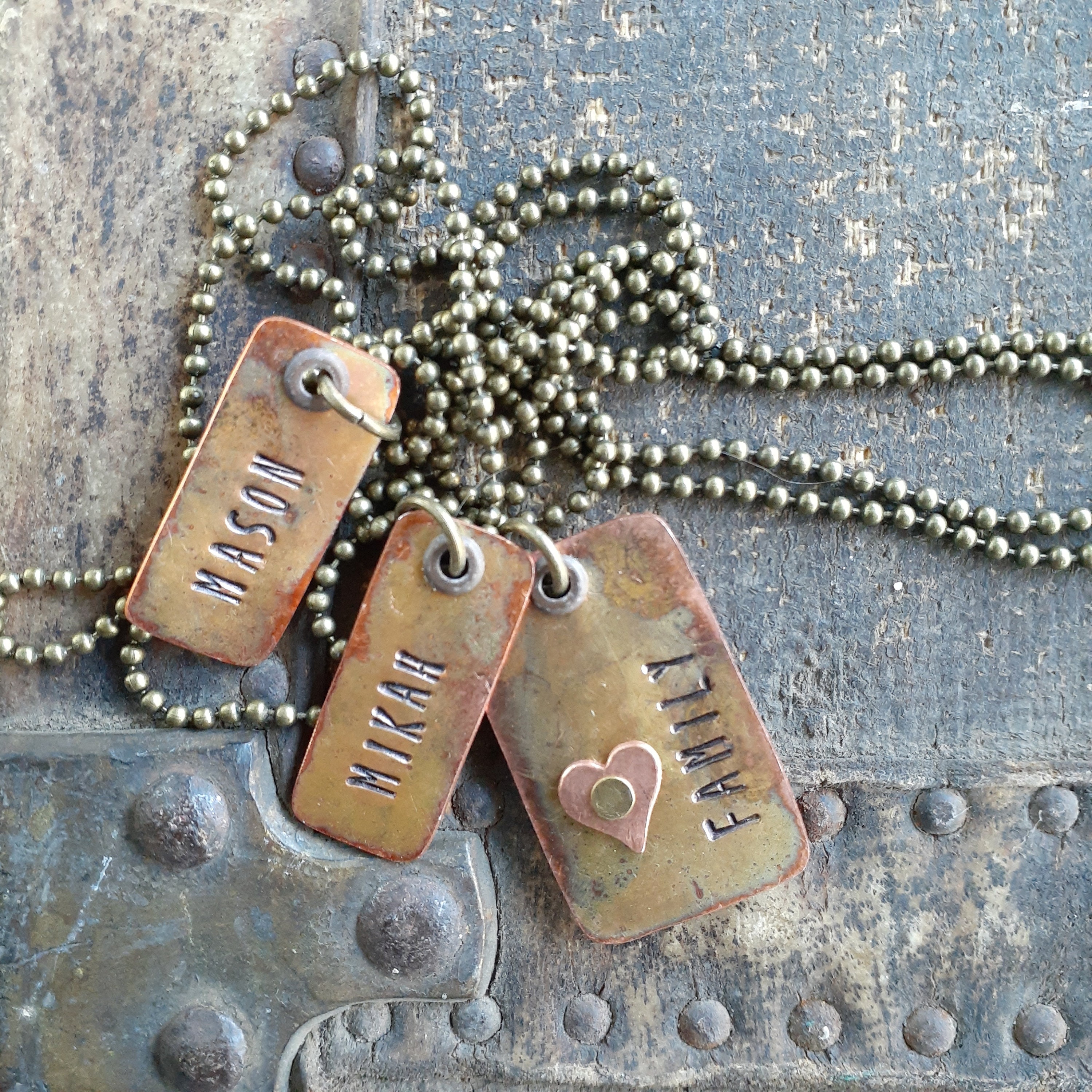 Mother Necklace With Kids Names rustic Copper Name Tags on