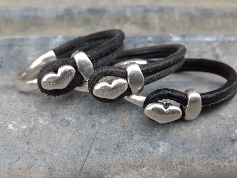 Leather Heart Cuff ... Heart Stacking Bracelet ... Valentine Bracelet ... Rustic Silver Leather Cuff image 5