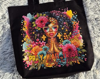 Bolsa de lona inspiradora "Reze, Espere, Confie que Deus Tem um Plano", preta, presente de fé para mulheres.