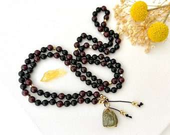 Goddess Mala Necklace with Tourmaline and Garnet Mala Beads, Spiritual Meditation Necklace 108 Prayer Beads Yoga Gift for Her