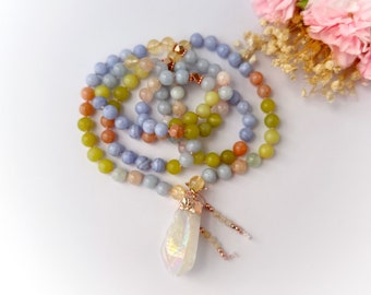 Goddess Mala Necklace with Aquamarine Citrine Morganite Mala Beads, Yoga Spiritual Meditation Necklace, Mala Prayer Beads, Yoga Gift for Her