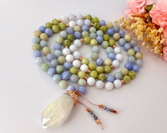 Goddess Mala Necklace with Aquamarine Chalcedony Blue Lace Mala Beads-Yoga Spiritual Meditation Beads-108 Prayer Beads-Yoga Gift for Her